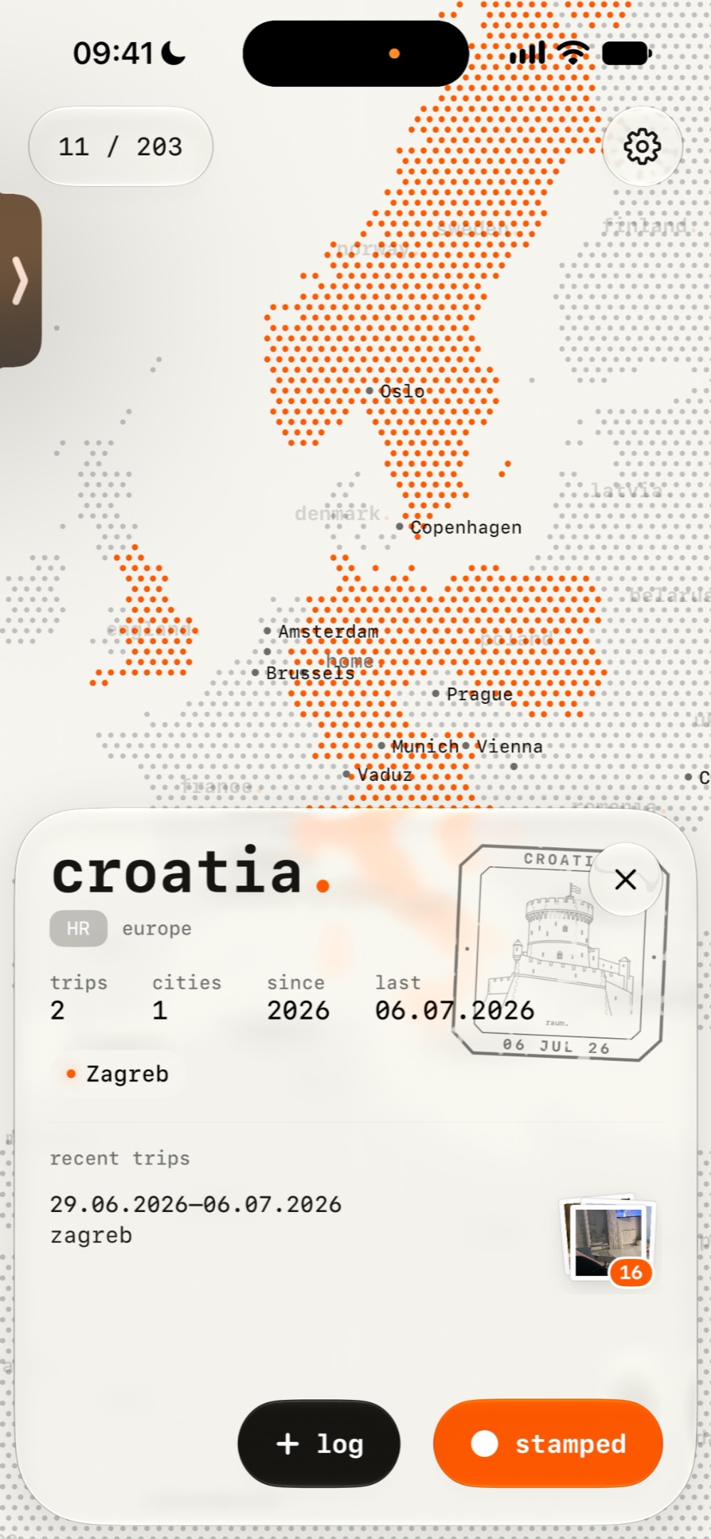 the sheet for croatia open over the map, listing trips, cities, first visit and last visit.
