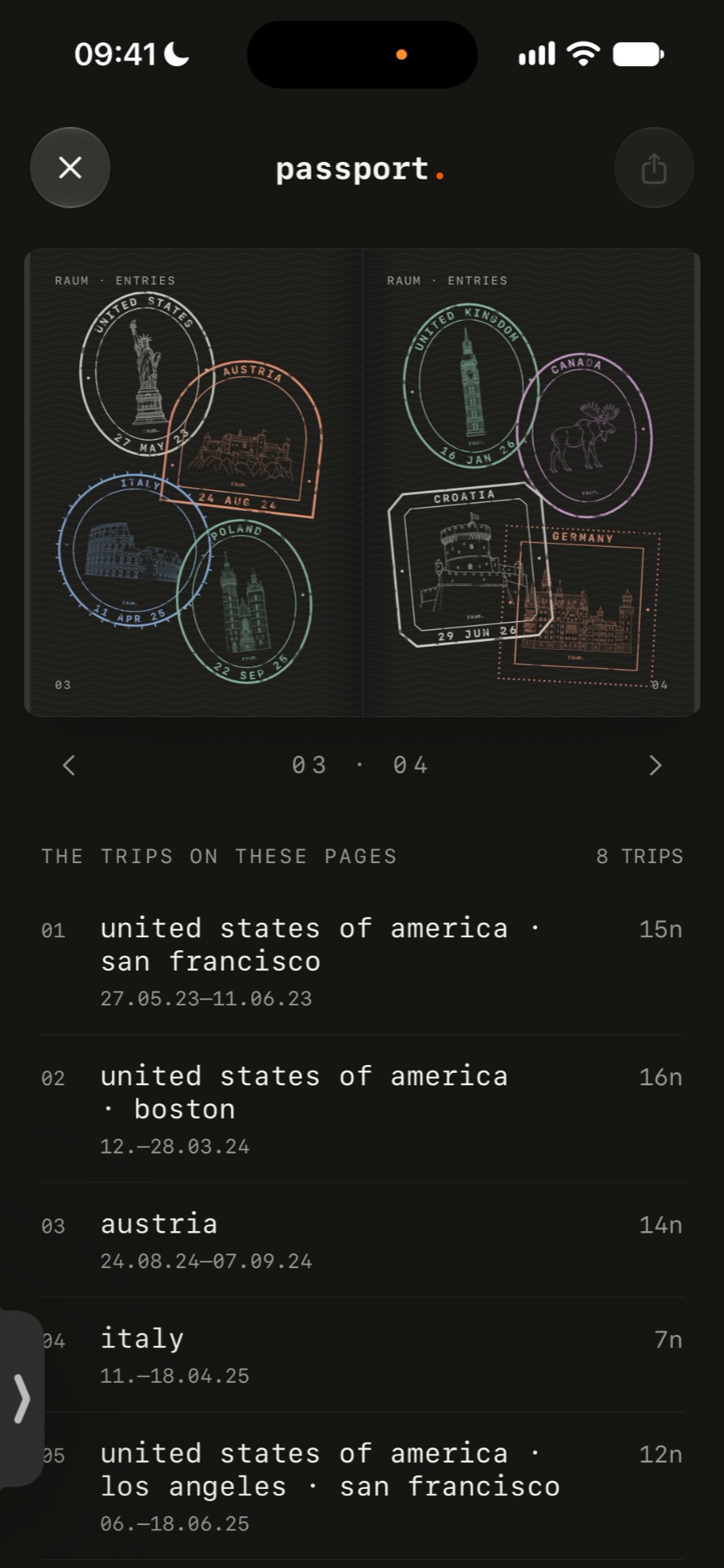 two passport pages of country stamps, with the trips on those pages listed underneath.