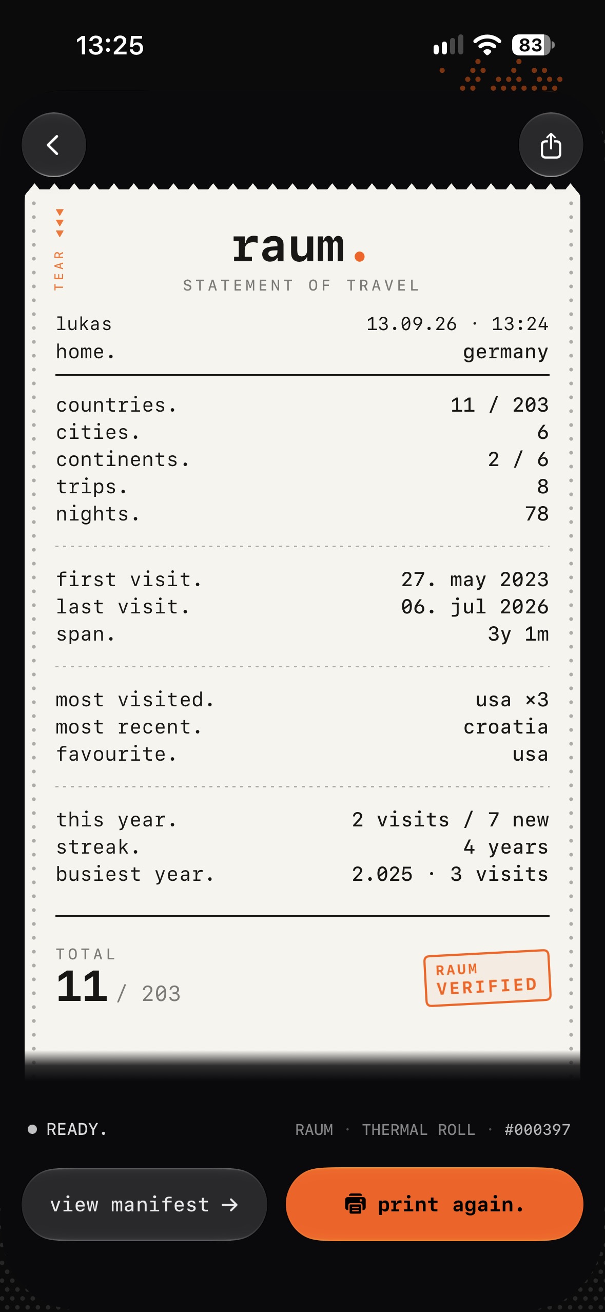 a statement of travel printed as a receipt: countries, cities, continents, trips, nights.